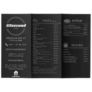Mockup der von Benny's Grafikstudio erstellten Speisekarte für 55second Pizza in Lahr, entwickelt von Ihrer Grafikdesign Agentur in der Ortenau.