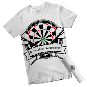 Mockup des von Benny's Grafikstudio erstelltem T-Shirt Design für den Dart Spieler "DE STECKERL SCHMEISSER", entwickelt von Ihrer Grafikdesign Agentur in der Ortenau.