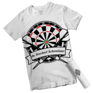 Mockup des von Benny's Grafikstudio erstelltem T-Shirt Design für den Dart Spieler "DE STECKERL SCHMEISSER", entwickelt von Ihrer Grafikdesign Agentur in der Ortenau.