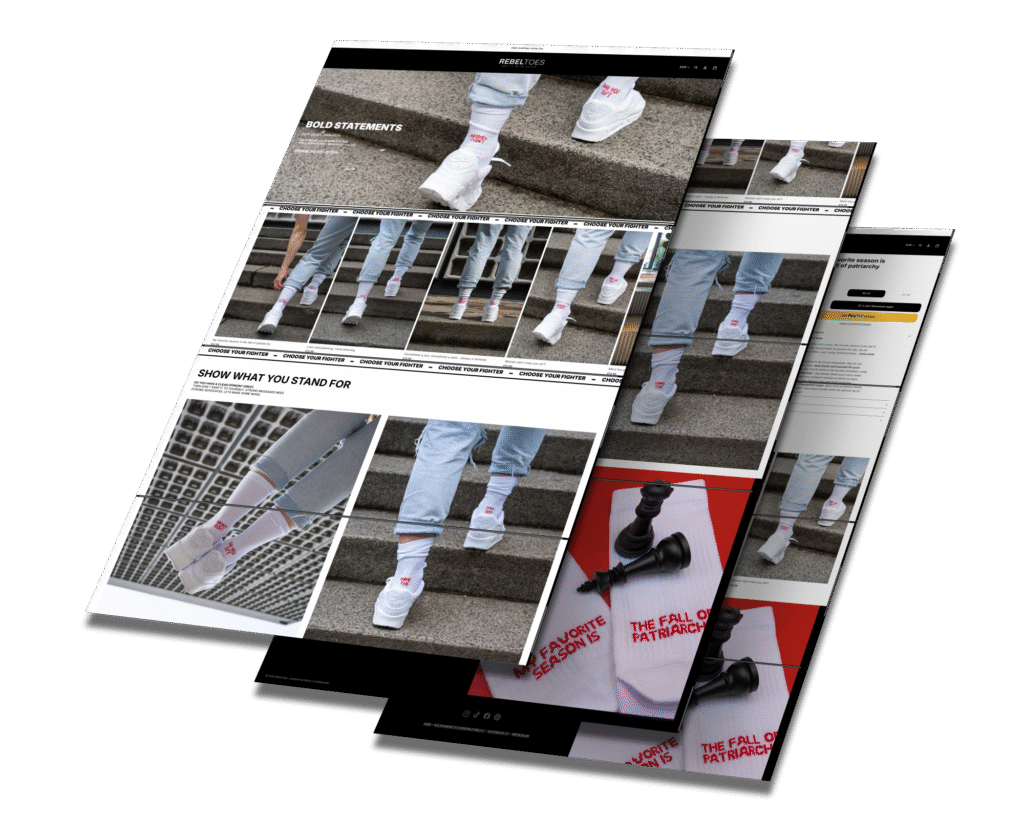 Mockup des von Benny's Grafikstudio erstellten Onlineshops für Rebel Toes, entwickelt von Ihrer Onlineshop Agentur in der Ortenau.