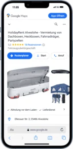 Mockup des von Benny's Grafikstudio erstelltem Google Unternehmensprofil für Holidayrent Alveslohe, entwickelt von Ihrer Google Agentur in der Ortenau.