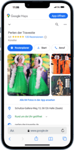 Mockup des von Benny's Grafikstudio erstelltem Google Unternehmensprofil für die Perlen der Travestie, entwickelt von Ihrer Google Agentur in der Ortenau.