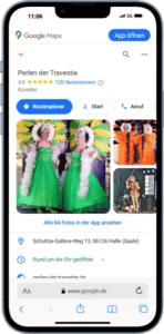Mockup des von Benny's Grafikstudio erstelltem Google Unternehmensprofil für die Perlen der Travestie, entwickelt von Ihrer Google Agentur in der Ortenau.
