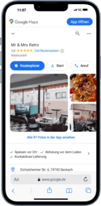 Mockup des von Benny's Grafikstudio erstelltem Google Unternehmensprofil für Mr & Mrs Retro, entwickelt von Ihrer Google Agentur in der Ortenau.