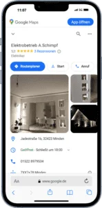 Mockup des von Benny's Grafikstudio erstelltem Google Unternehmensprofil für A. Schimpf Elektrobetrieb, entwickelt von Ihrer Google Agentur in der Ortenau.