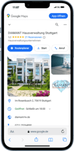 Mockup des von Benny's Grafikstudio erstelltem Google Unternehmensprofil für Diamant Hausverwaltung Stuttgart, entwickelt von Ihrer Google Agentur in der Ortenau.