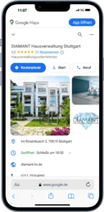 Mockup des von Benny's Grafikstudio erstelltem Google Unternehmensprofil für Diamant Hausverwaltung Stuttgart, entwickelt von Ihrer Google Agentur in der Ortenau.