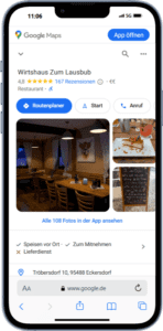 Mockup des von Benny's Grafikstudio erstelltem Google Unternehmensprofil für das Wirtshaus "Zum Lausbub", entwickelt von Ihrer Google Agentur in der Ortenau.