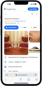 Mockup des von Benny's Grafikstudio erstelltem Google Unternehmensprofil für Pro Feminin Bremen, entwickelt von Ihrer Google Agentur in der Ortenau.