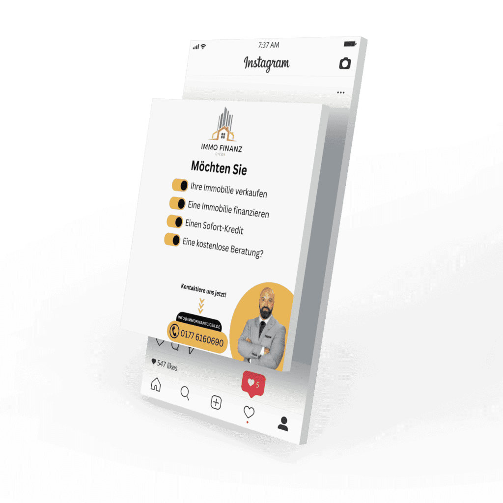 Mockup des von Benny's Grafikstudio erstellten Social Media Post für Immo Finanz Cicek, entwickelt von Ihrer Social Media Agentur in der Ortenau.