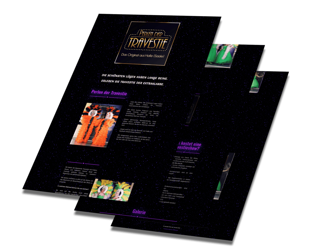 Mockup der von Benny's Grafikstudio erstellten Website für die Perlen der Travestie, entwickelt von Ihrer Webdesign Agentur in der Ortenau.