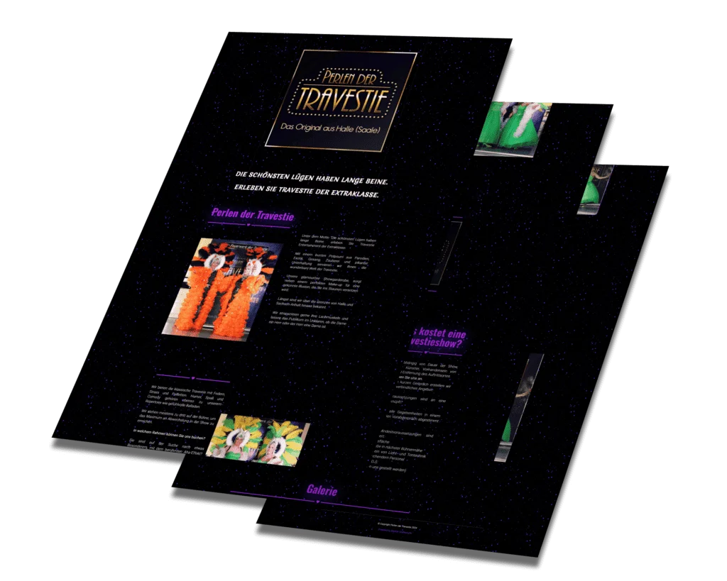 Mockup der von Benny's Grafikstudio erstellten Website für die Perlen der Travestie, entwickelt von Ihrer Webdesign Agentur in der Ortenau.