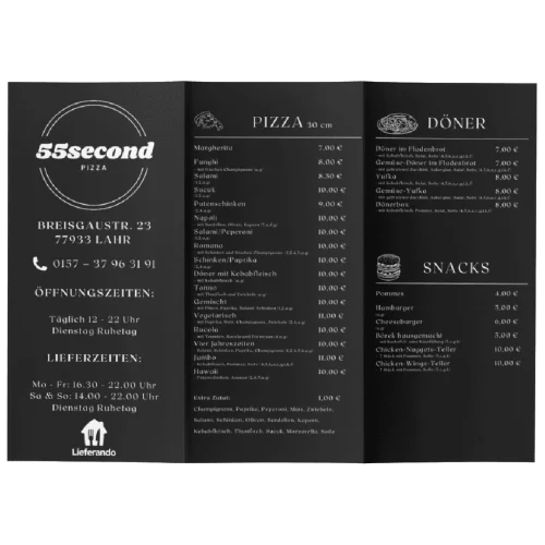 Mockup der von Benny's Grafikstudio erstellten Speisekarte für 55second Pizza in Lahr, entwickelt von Ihrer Grafikdesign Agentur in der Ortenau.