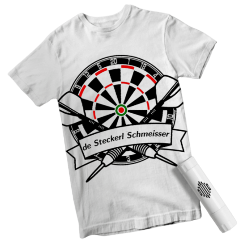 Mockup des von Benny's Grafikstudio erstelltem T-Shirt Design für den Dart Spieler "DE STECKERL SCHMEISSER", entwickelt von Ihrer Grafikdesign Agentur in der Ortenau.