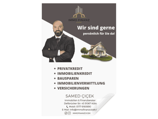 Mockup eines von Benny's Grafikstudio erstellten Flyers für ImmoFinanzCicek, entwickelt von Ihrer Grafikdesign Agentur in der Ortenau.