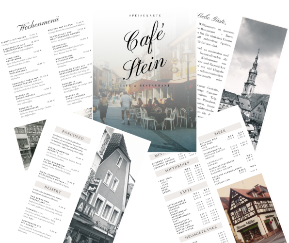 Mockup der von Benny's Grafikstudio erstellten Speisekarte für das Café Stein in Offenburg, entwickelt von Ihrer Grafikdesign Agentur in der Ortenau.