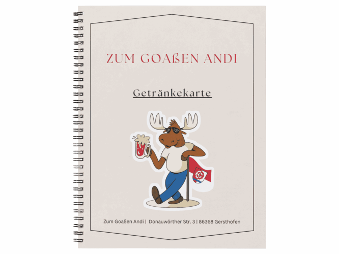 Mockup der von Benny's Grafikstudio erstellten Getränkekarte für "Zum Goaßen Andi", entwickelt von Ihrer Grafikdesign Agentur in der Ortenau.