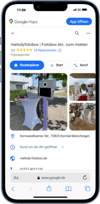 Mockup des von Benny's Grafikstudio erstelltem Google Unternehmensprofil für Melody Fotobox, entwickelt von Ihrer Google Agentur in der Ortenau.
