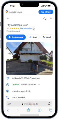 Mockup des von Benny's Grafikstudio erstelltem Google Unternehmensprofil für Physiotherapie Jolin, entwickelt von Ihrer Google Agentur in der Ortenau.
