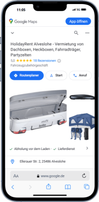 Mockup des von Benny's Grafikstudio erstelltem Google Unternehmensprofil für Holidayrent Alveslohe, entwickelt von Ihrer Google Agentur in der Ortenau.