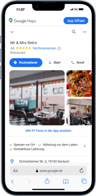 Mockup des von Benny's Grafikstudio erstelltem Google Unternehmensprofil für Mr & Mrs Retro, entwickelt von Ihrer Google Agentur in der Ortenau.