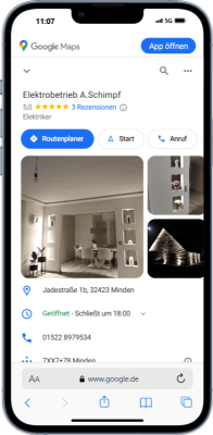 Mockup des von Benny's Grafikstudio erstelltem Google Unternehmensprofil für A. Schimpf Elektrobetrieb, entwickelt von Ihrer Google Agentur in der Ortenau.