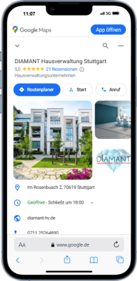 Mockup des von Benny's Grafikstudio erstelltem Google Unternehmensprofil für Diamant Hausverwaltung Stuttgart, entwickelt von Ihrer Google Agentur in der Ortenau.