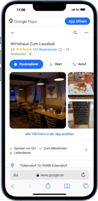 Mockup des von Benny's Grafikstudio erstelltem Google Unternehmensprofil für das Wirtshaus "Zum Lausbub", entwickelt von Ihrer Google Agentur in der Ortenau.