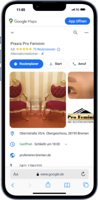 Mockup des von Benny's Grafikstudio erstelltem Google Unternehmensprofil für Pro Feminin Bremen, entwickelt von Ihrer Google Agentur in der Ortenau.