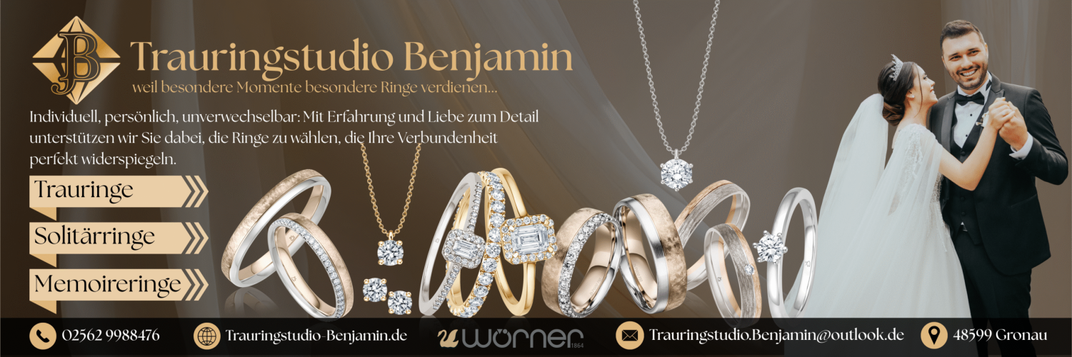 Mockup des von Benny's Grafikstudio erstellten Werbebanner für das Trauringstudio Benjamin, entwickelt von Ihrer Grafikdesign Agentur in der Ortenau.